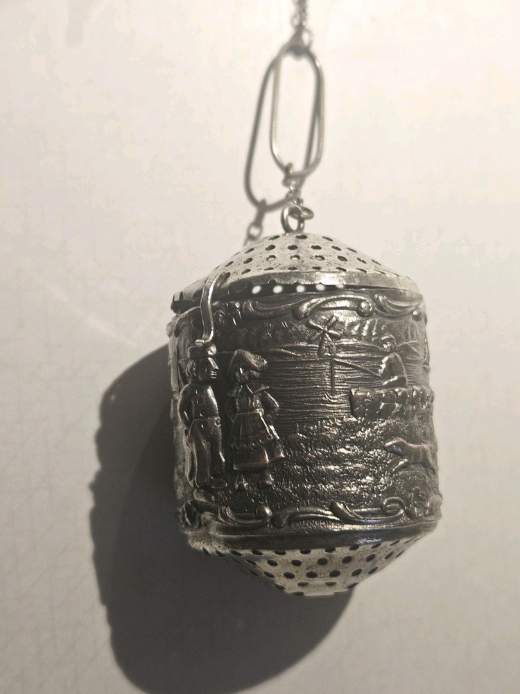 Silver Tea Infuser Repousse Dutch-Style Scene Chatelaine