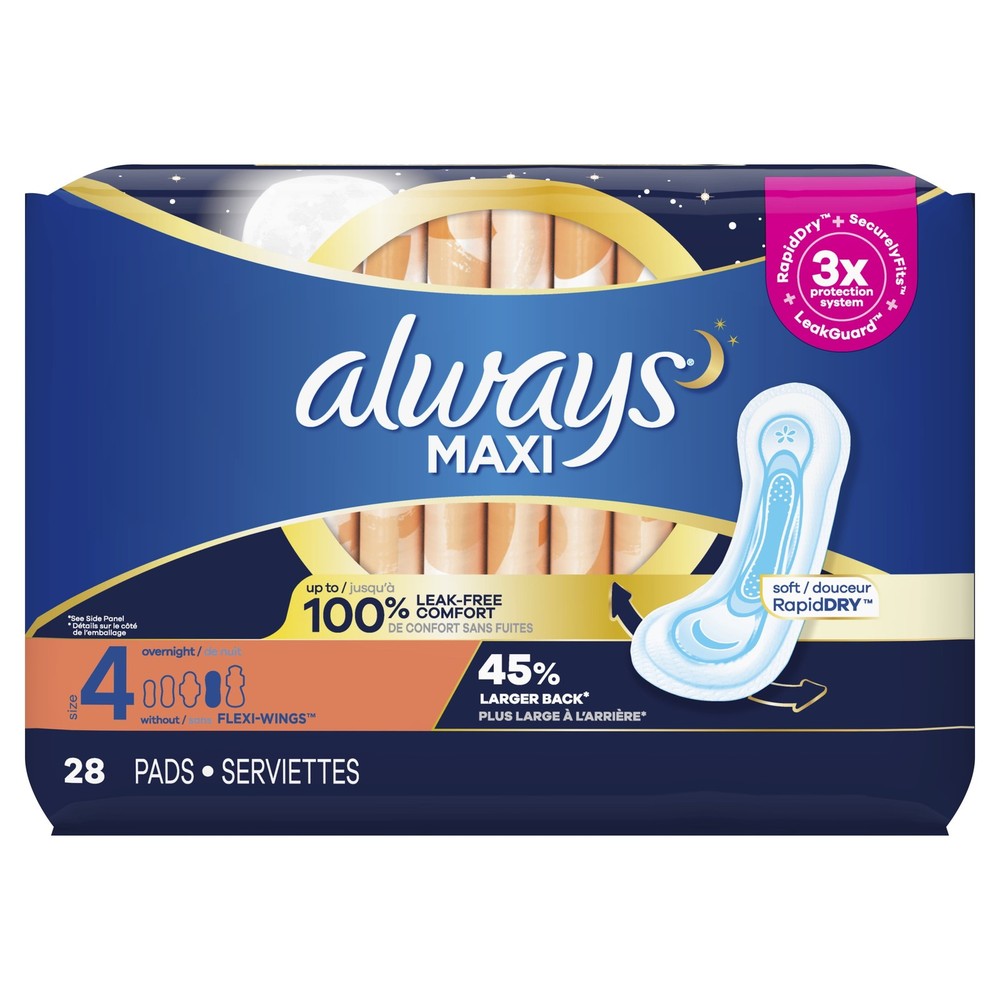 Always Size 4 Maxi Pads - 28ct, Overnight Absorbency, Without Wings