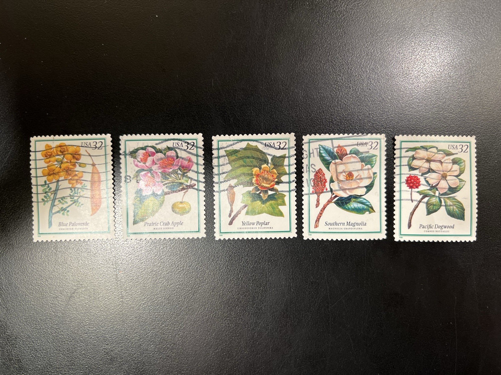1-Used US 5 Stamp Complete Set. Flowering Trees. 32 Cent. 1998. #3193-3197.