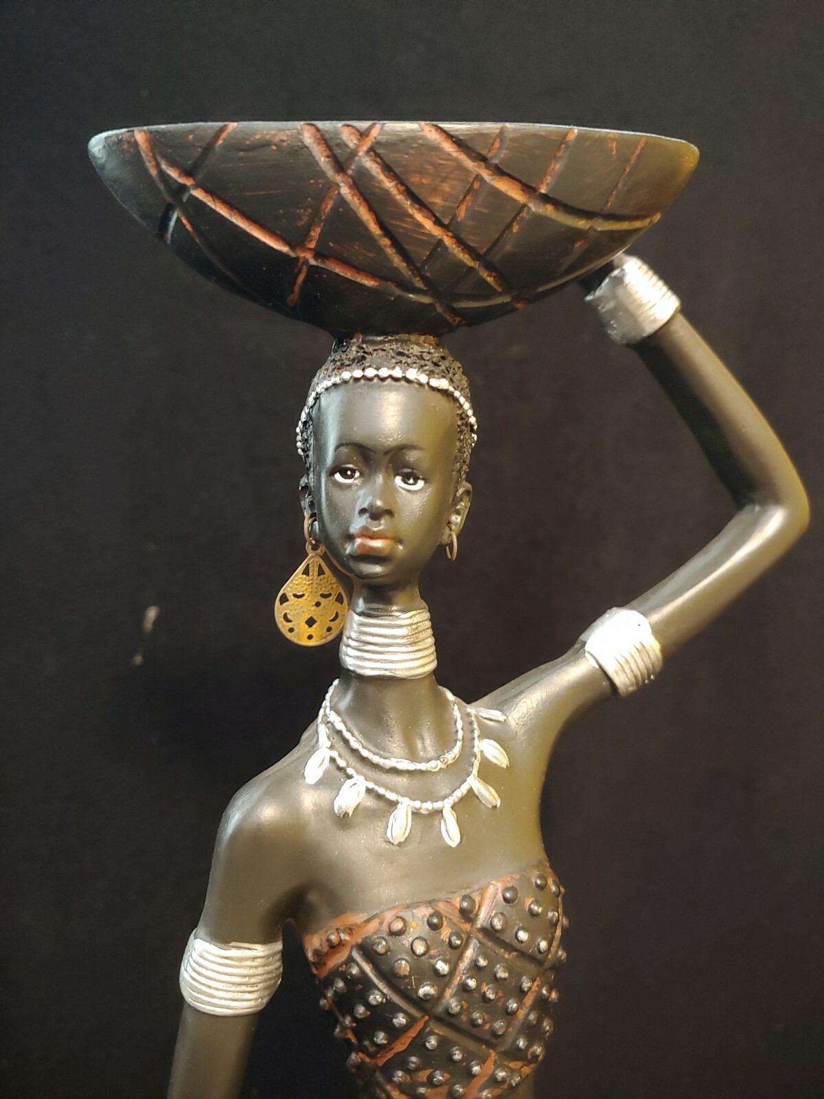 Tall African Tribal Woman Figurine Large Resin Statue Carrying Bowl 24"