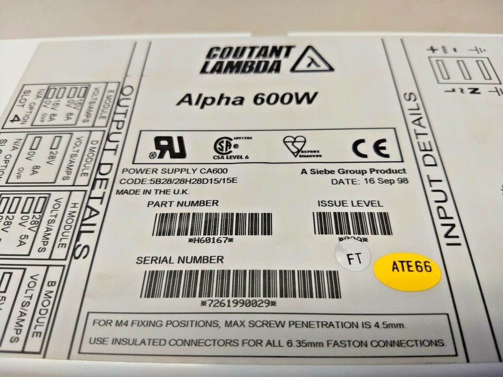 Coutant Lambda Alpha 600W AC/DC Modular Power Supply H60167