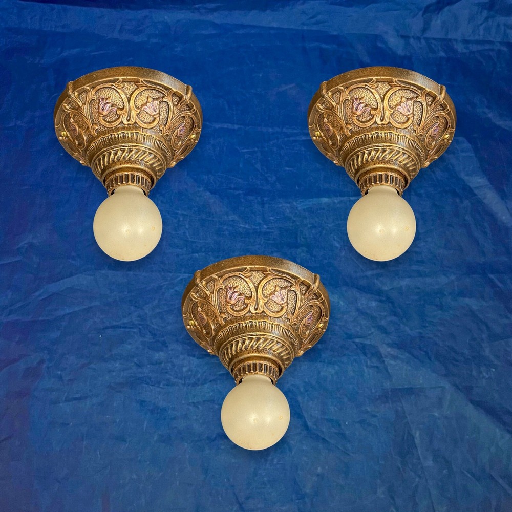 Nice Three 3 Antique Flush Mount Fixtures Rewired 38B