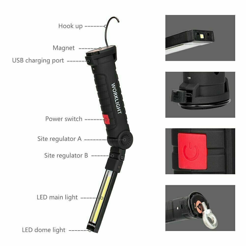 Magnetic Base Rechargeable LED COB RED Work Light Mechanic Flashlight Torch Lamp