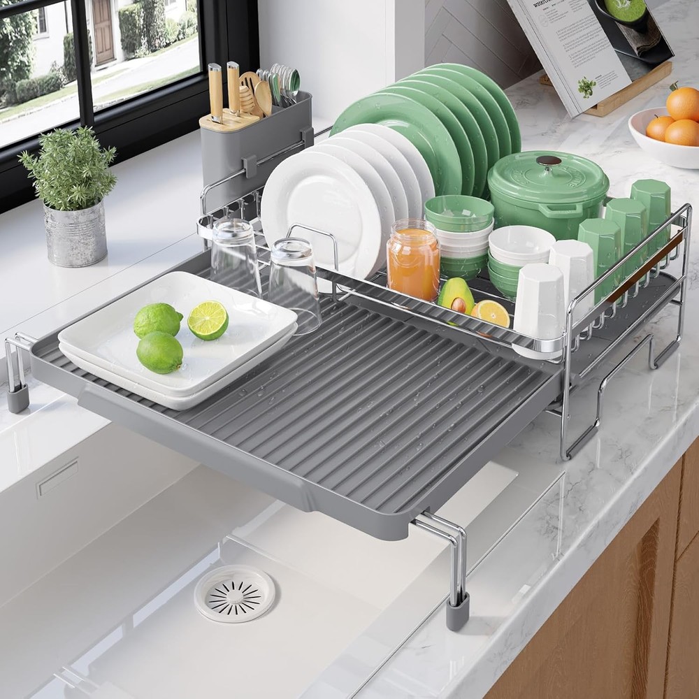 Extendable Dish Drying Rack Adjustable Length 12.8"–21.0" Auto-Draining Dish