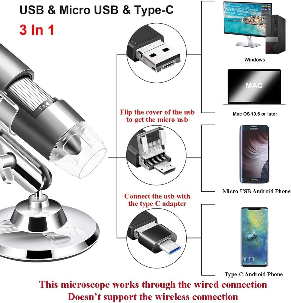 USB Microscope Camera 40X-1000X Metal Stand Carrying Case Compatible with Win...