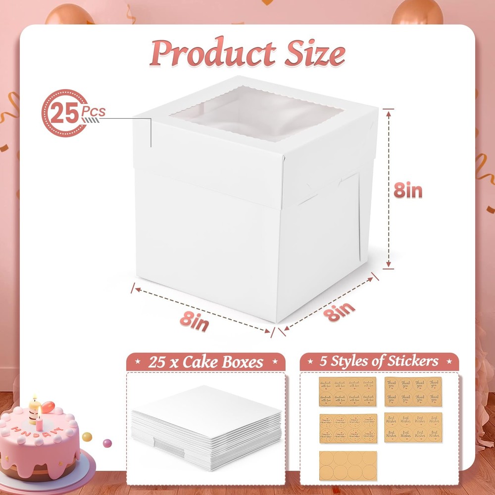 25Pcs 8x8x8 Inch Cake Boxes, White Bakery Boxes with Window, Square Disposabl...
