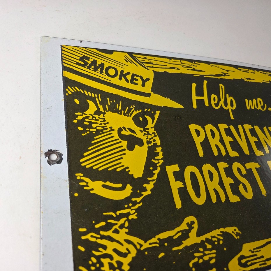 Vintage USA Forest Service Sign - Smokey the Bear Hiking Gas Porcelain Sign