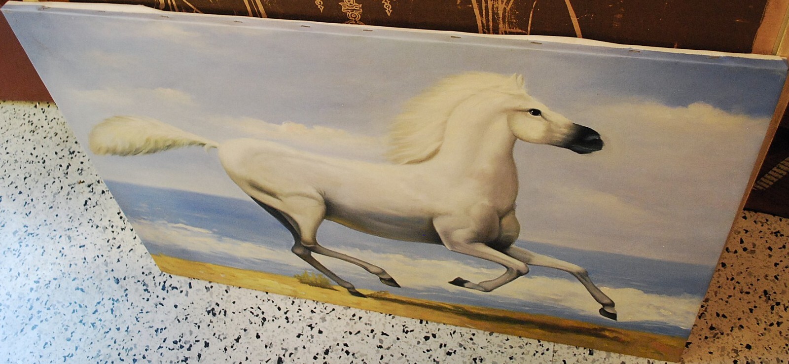 HORSE RUNNING ALONG OCEAN Original Art ACRYLIC PAINTING/CANVAS Signed 36" x 24"