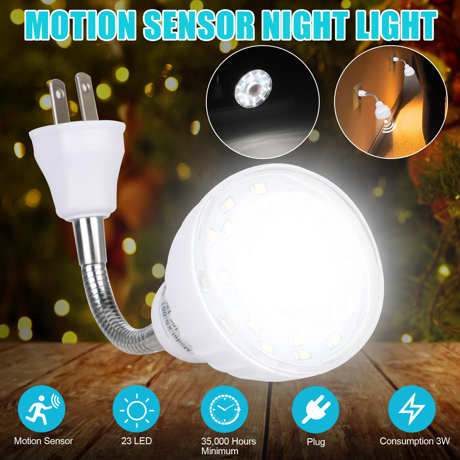 LED Motion-Activated Sensor Night Light AC Outlet Plug-In Indoor Wall Stair Lamp