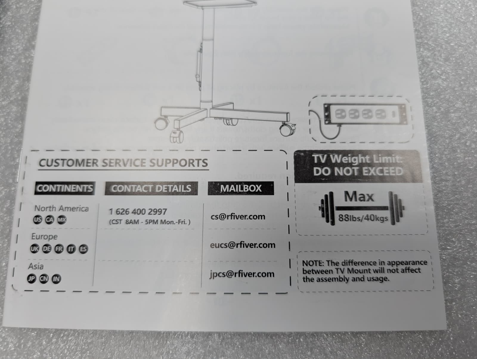 Rfiver Mobile TV Cart with Power Outlet for 23-65 Inch TVs up to 88 lbs