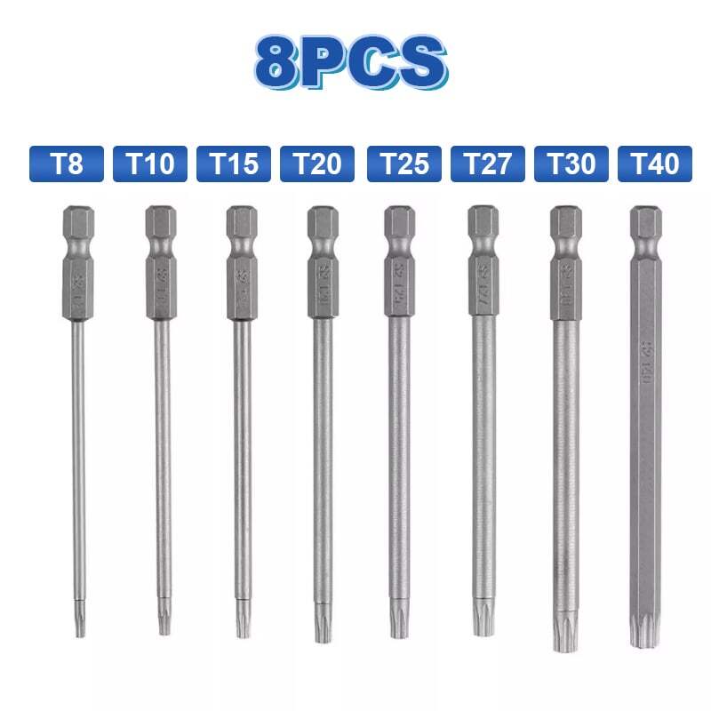 8-Piece 100MM Extra Long Torx Security Head Screwdriver Drill Set 1/4" Hex