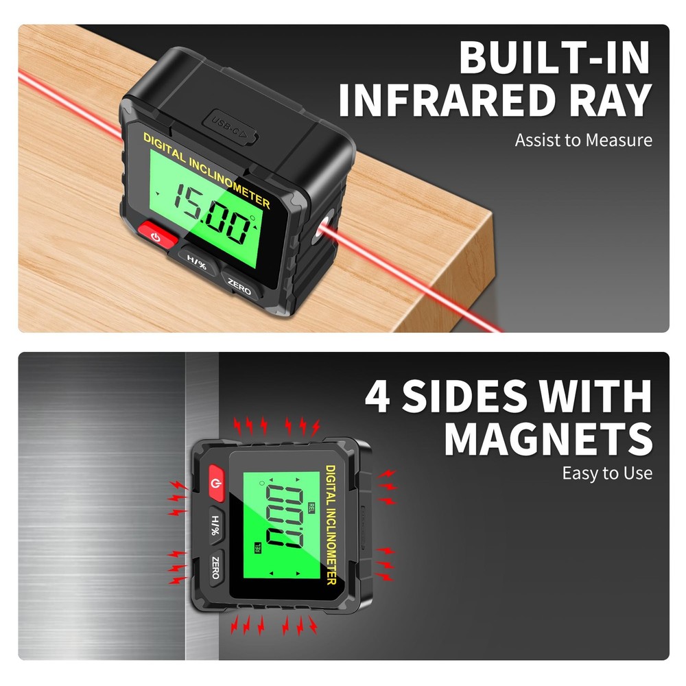 Digital Level Box Construction Protractor Range 4 × 90° Resolution 0.05° Angl...
