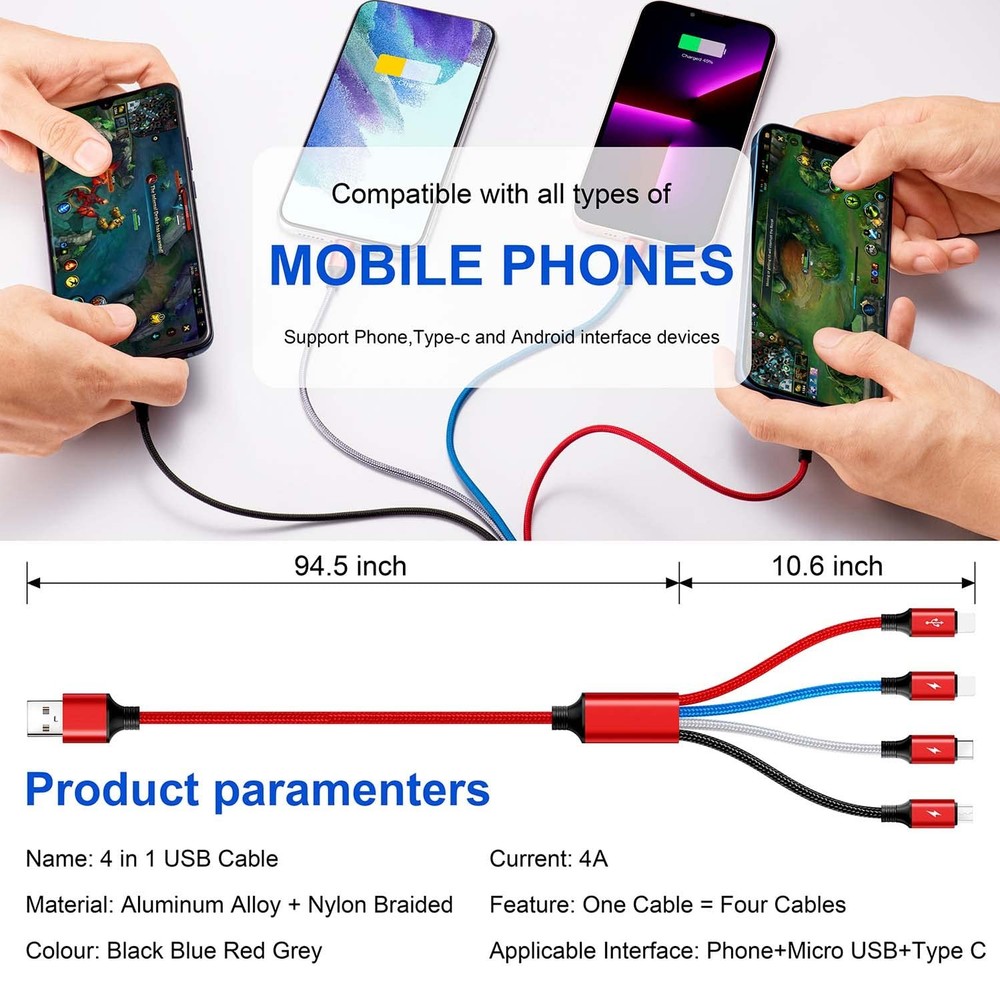 Multi Charging Cable,10Ft 2Pack Fast Cord, 10 feet, Red