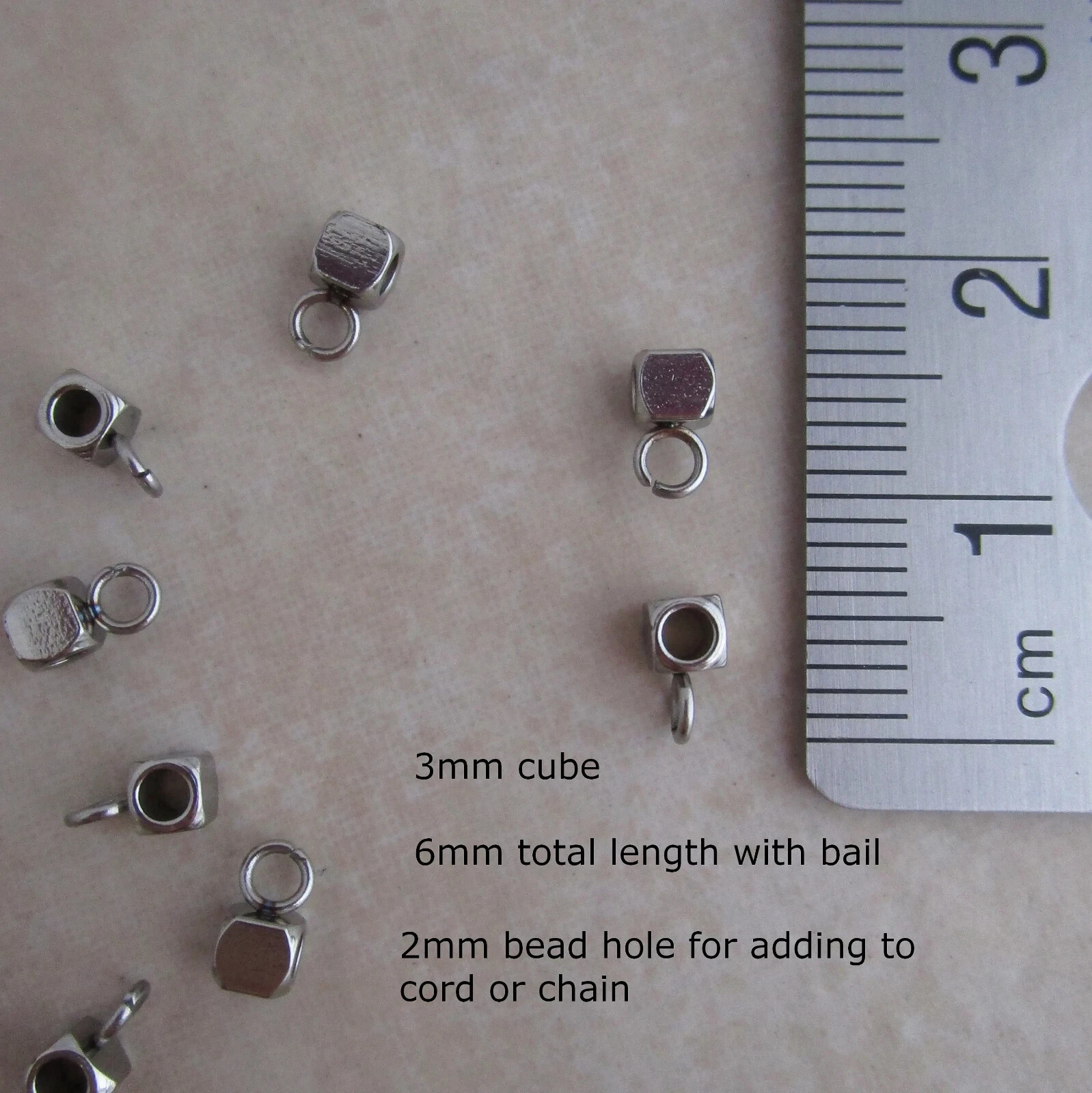 12 stainless steel bead bail 3mm cube hangers hypoallergenic