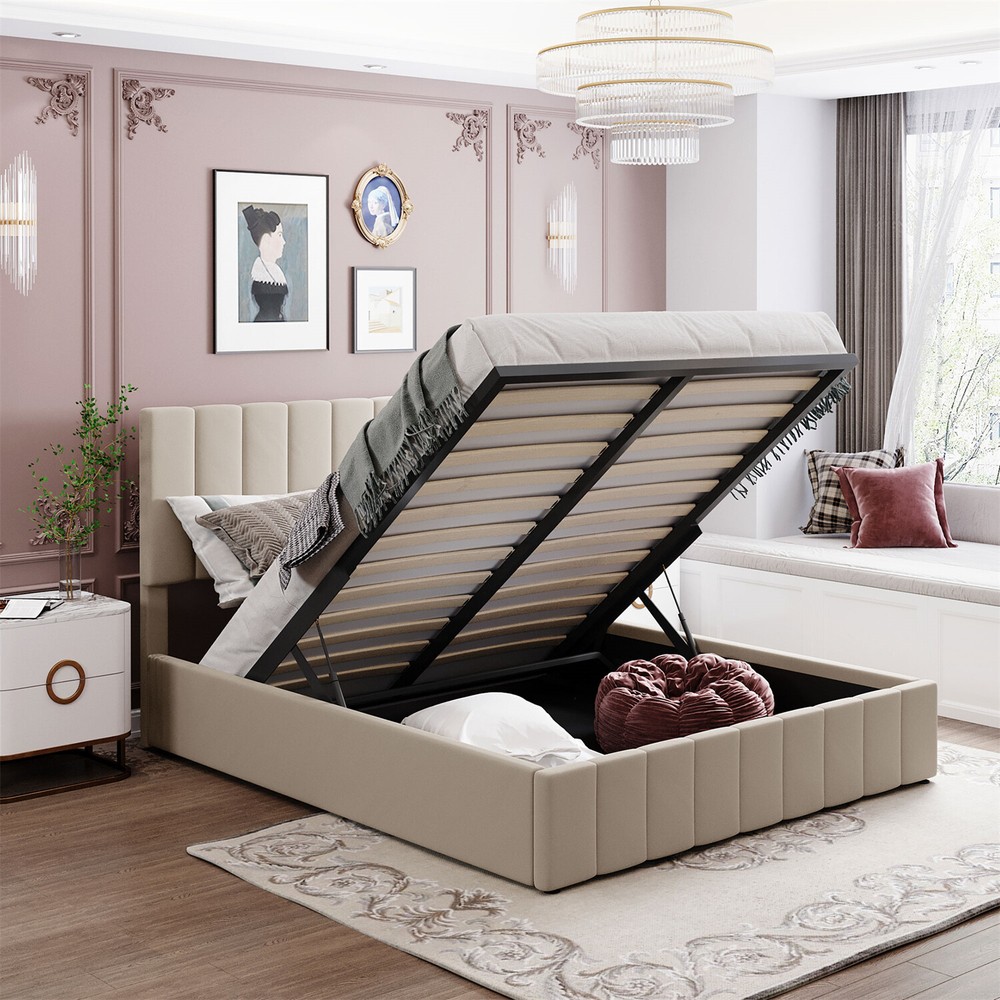 Queen Size Bed Frame Upholstered Platform Bed with Hydraulic Storage System