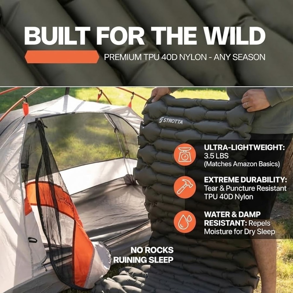 Inflatable Sleeping Pad for Camping & Backpacking – Lightweight 2.1” Thick Co...