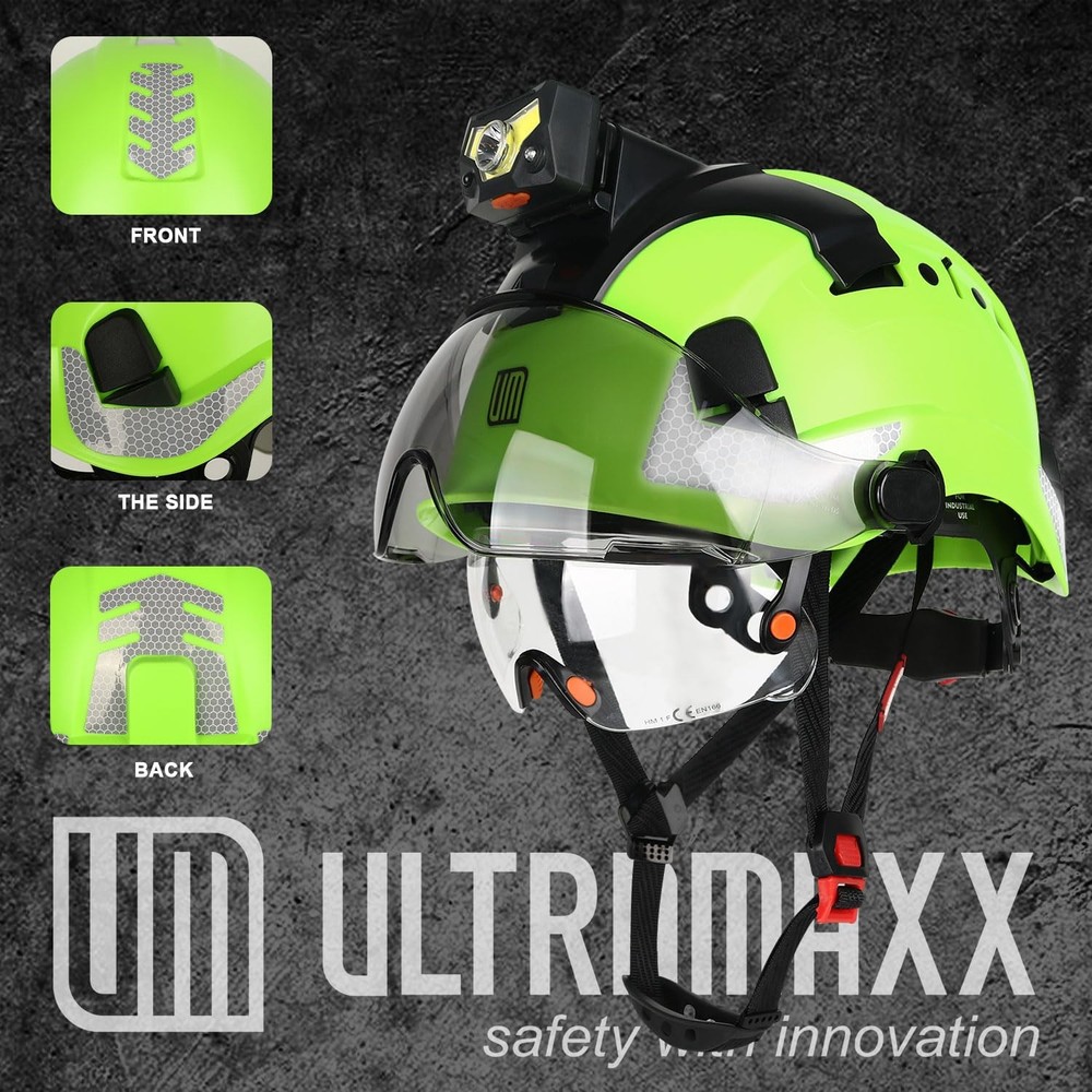Safety Helmet Hard Hat with Rechargeable Headlamp Light and Visor Constructio...