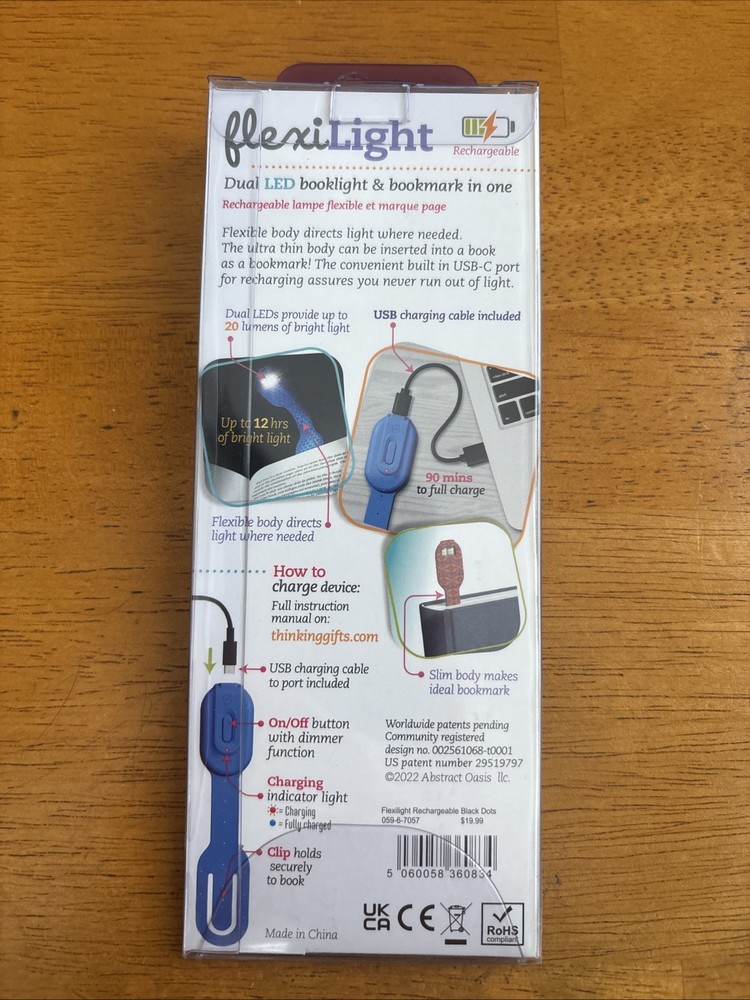 NEW Rechargeable Flexilight Blue Hexagonal Booklight - Thinking Gifts