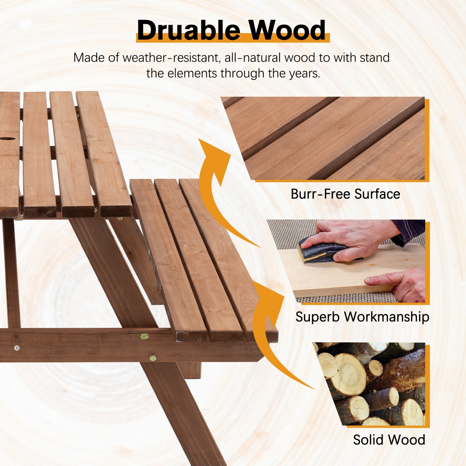 6-Person Outdoor Rectangular Wooden Picnic Table with Built-in Benches, Brown