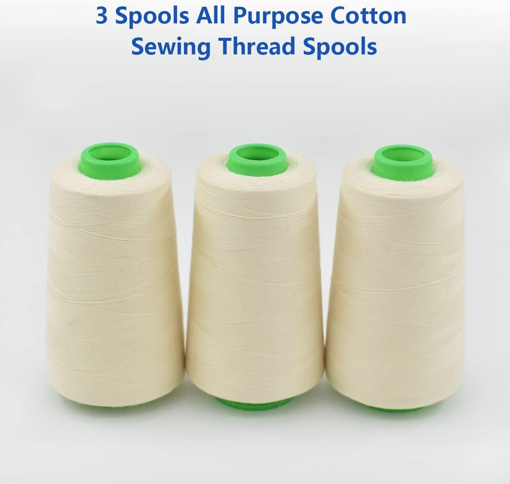 Raw White All Purpose Cotton Thread - 3 Spools, 40/2 Connecting Threads for Serg