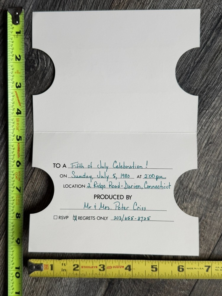 KISS PETER CRISS Party Invitation July 5 1980 Vintage Kiss Aucoin Memorabilia