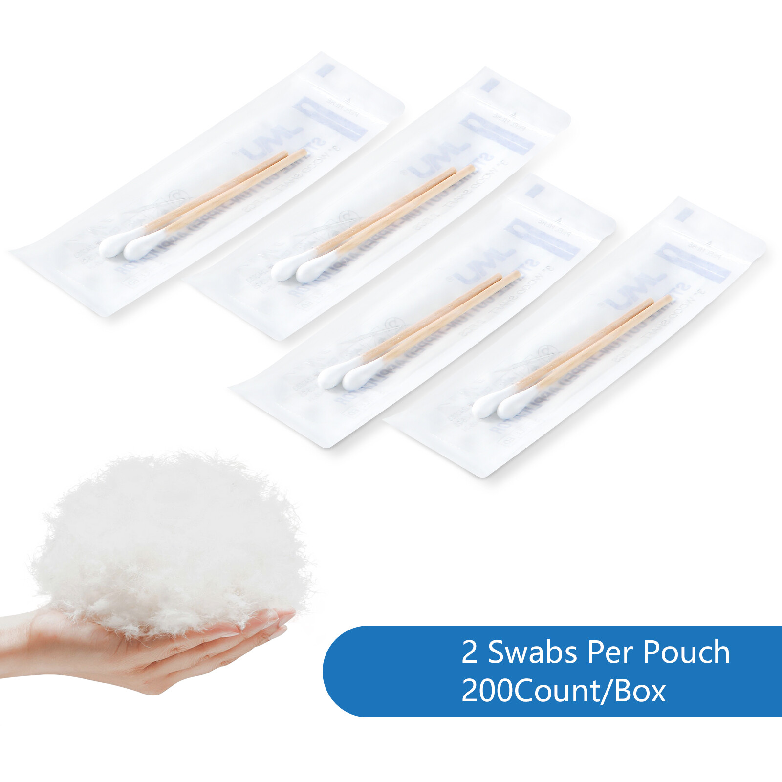 JMU 3" Sterile Cotton Swabs Q-tips Wood Handle Cleaning Applicators 200pcs/box