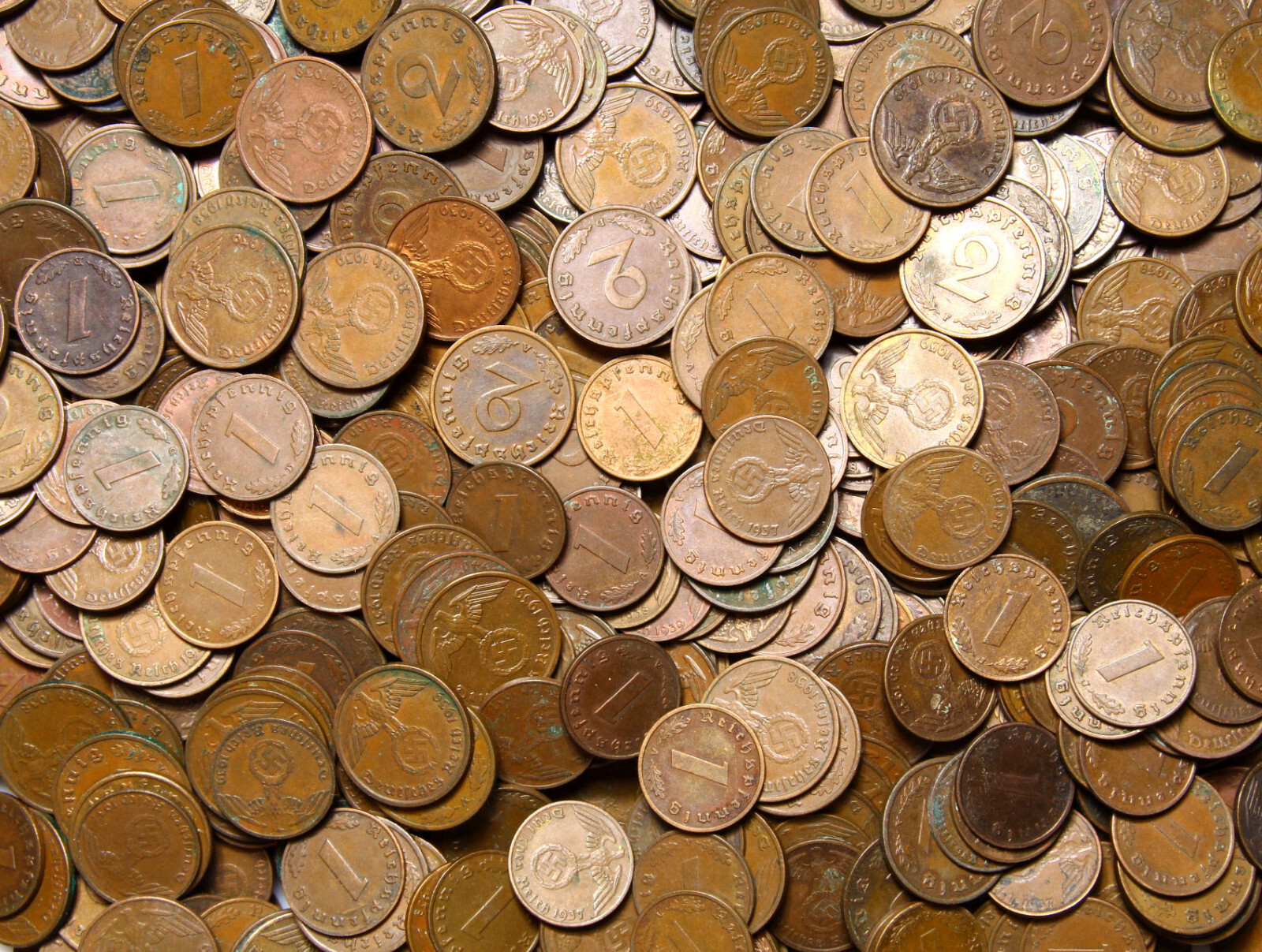 Nazi German Third Reich - 100 Coins 1 + 2 Reichspfennig 1937-1940 Bronze WW2 LOT