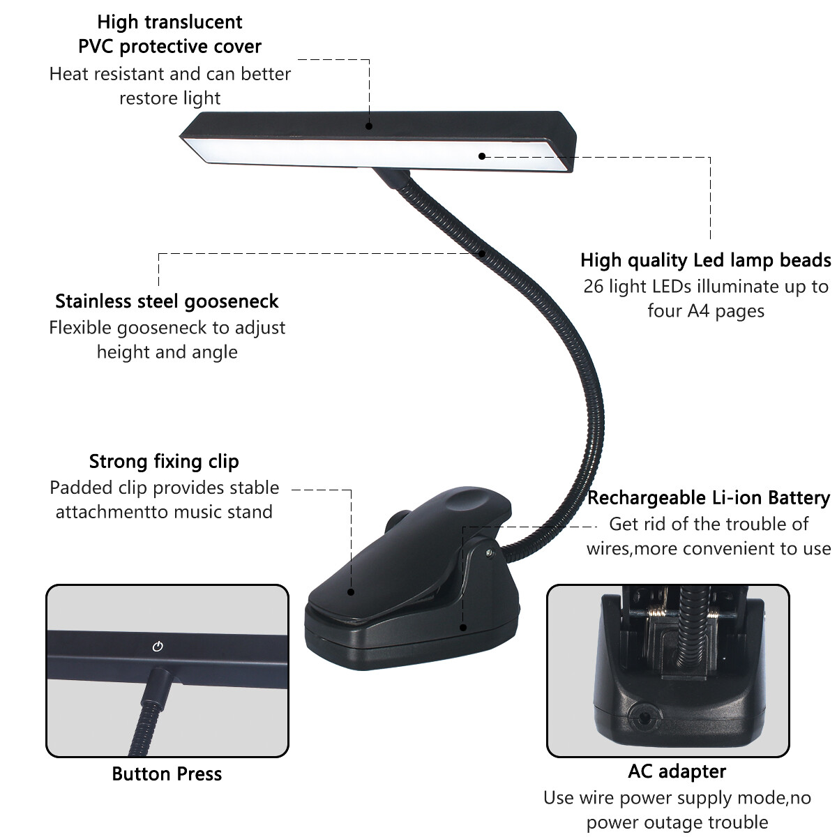 Rechargeable 26 LED 3 Modes Clip-On Orchestra Music Stand Light W/ Adapter Cable