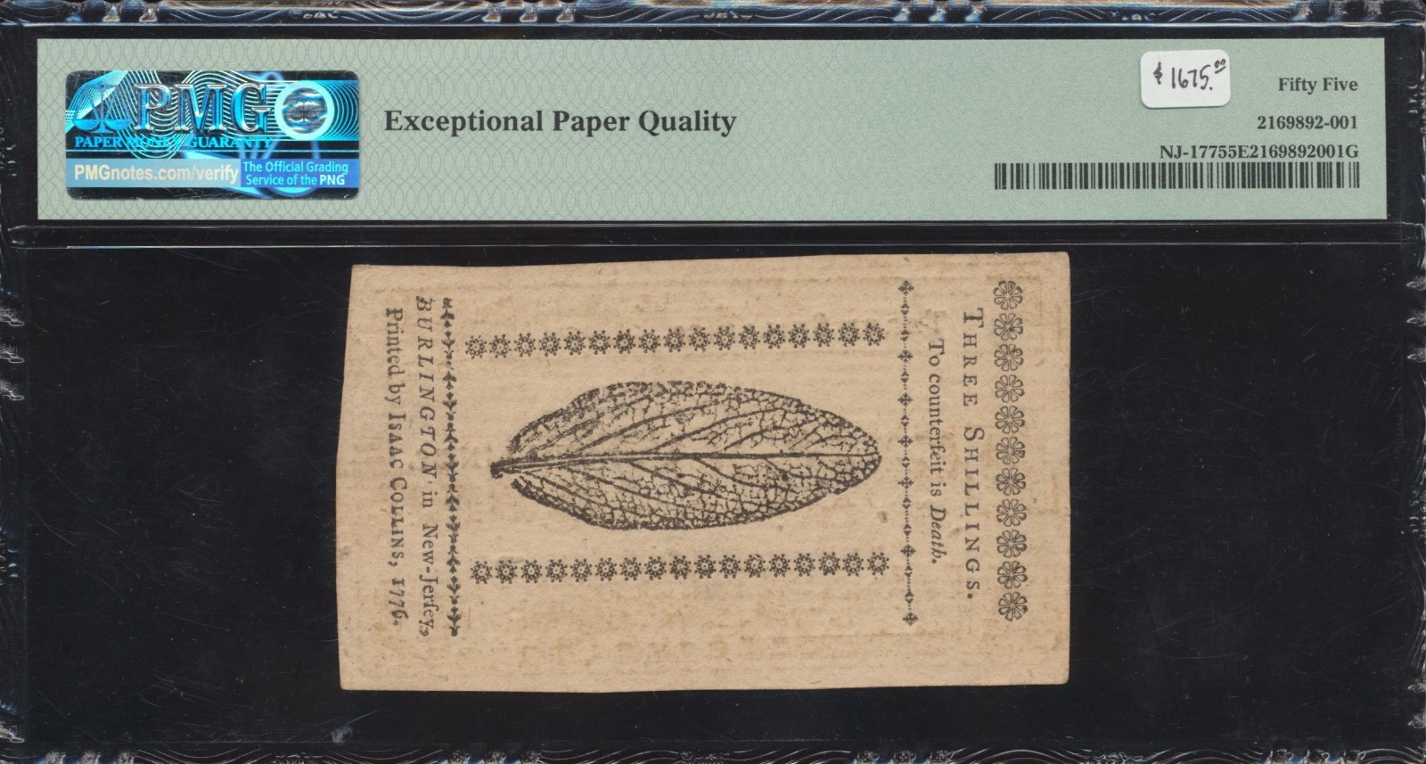 1776 New Jersey Colonial Note 3 Shillings PMG 55 EPQ-John Hart Signature NJ-177