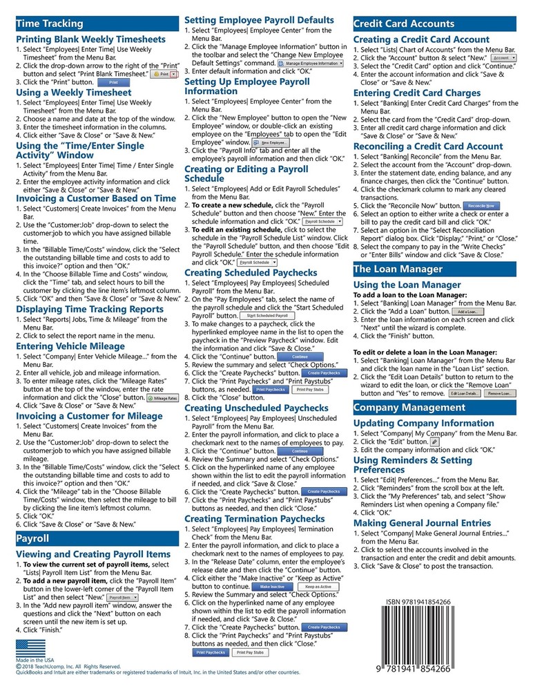 QuickBooks Pro 2019 Training Guide Quick Reference Card 4 Page Cheat Sheet