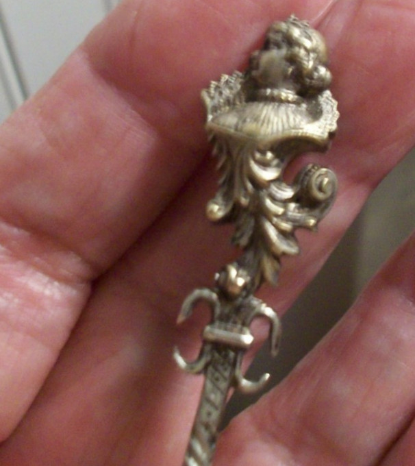 Antique German silver souvenir demitasse spoon heart bowl Queen lady handle top