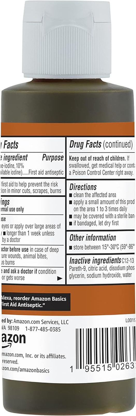 First Aid Antiseptic, 10% Povidone Iodine Solution , Unflavored, 4 Fluid Ounces,