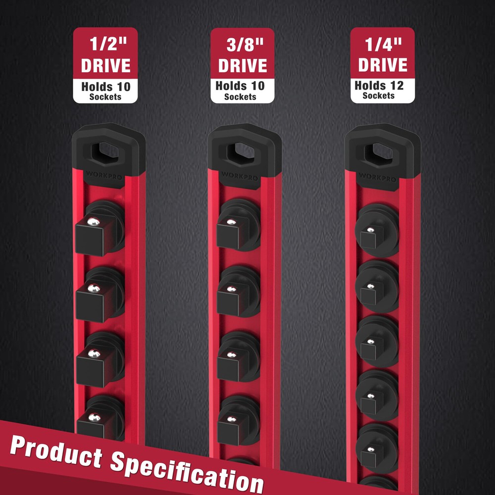 WORKPRO 1/4 Drive Magnetic Socket Organizer Socket Rail Heavy Duty Socket Holder