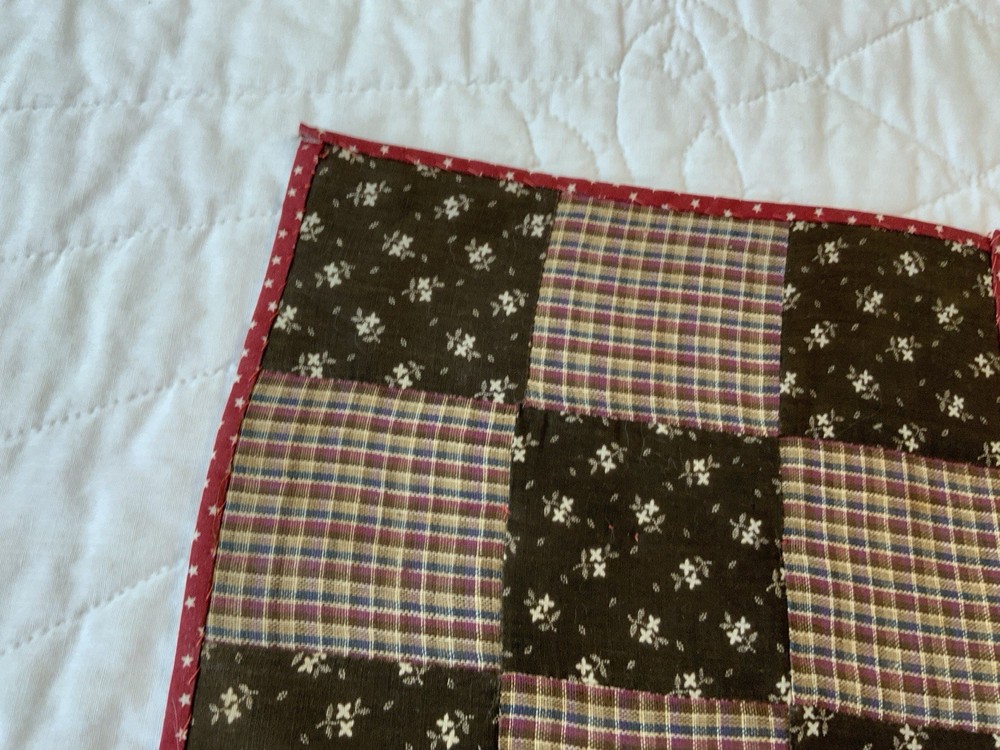 Antique Patchwork Quilt Table Topper, Nine Patch, Brown Florals, Checks