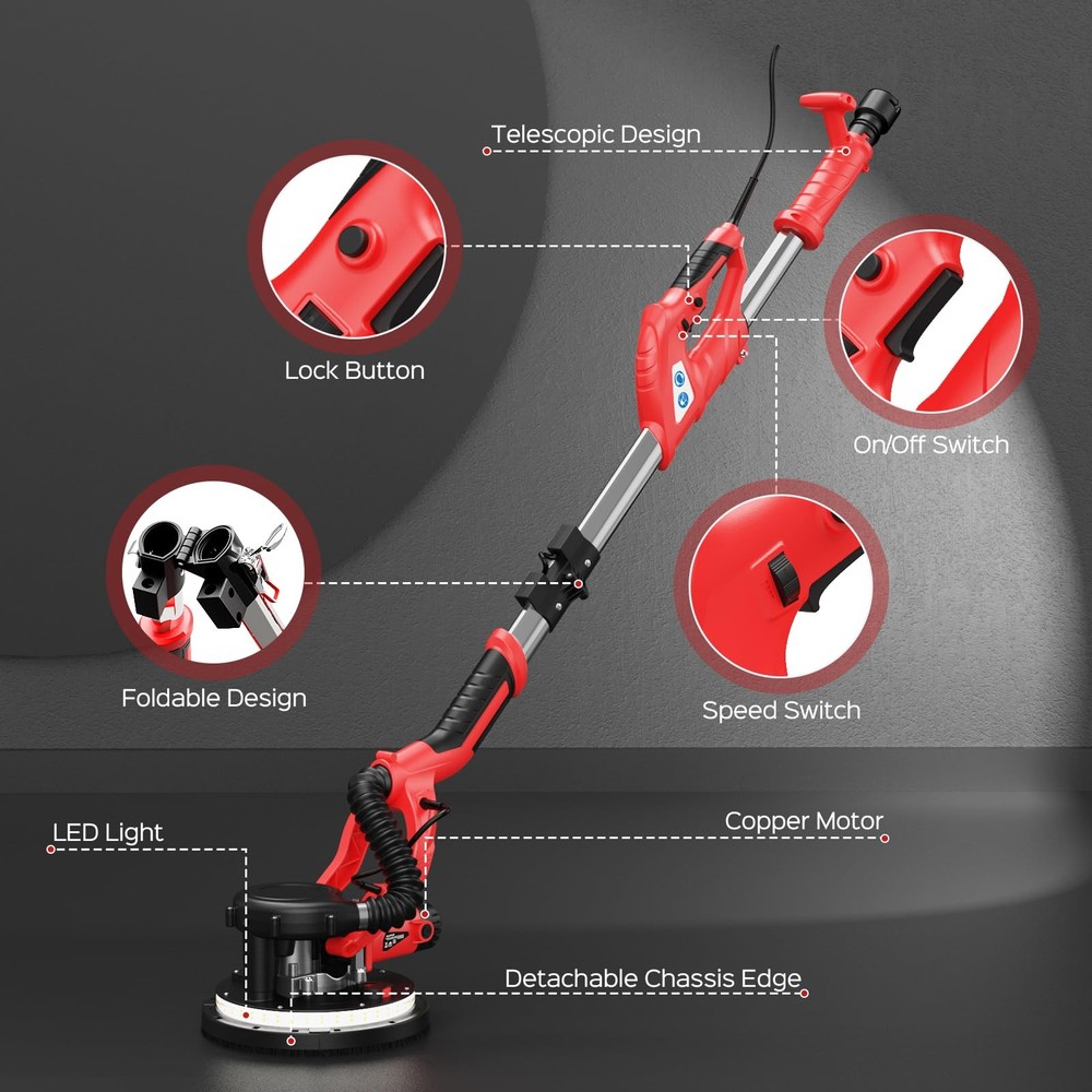 Drywall Sander, 8-Amp, Popcorn Ceiling Removal, 7-Variable Speed, W/12 Discs