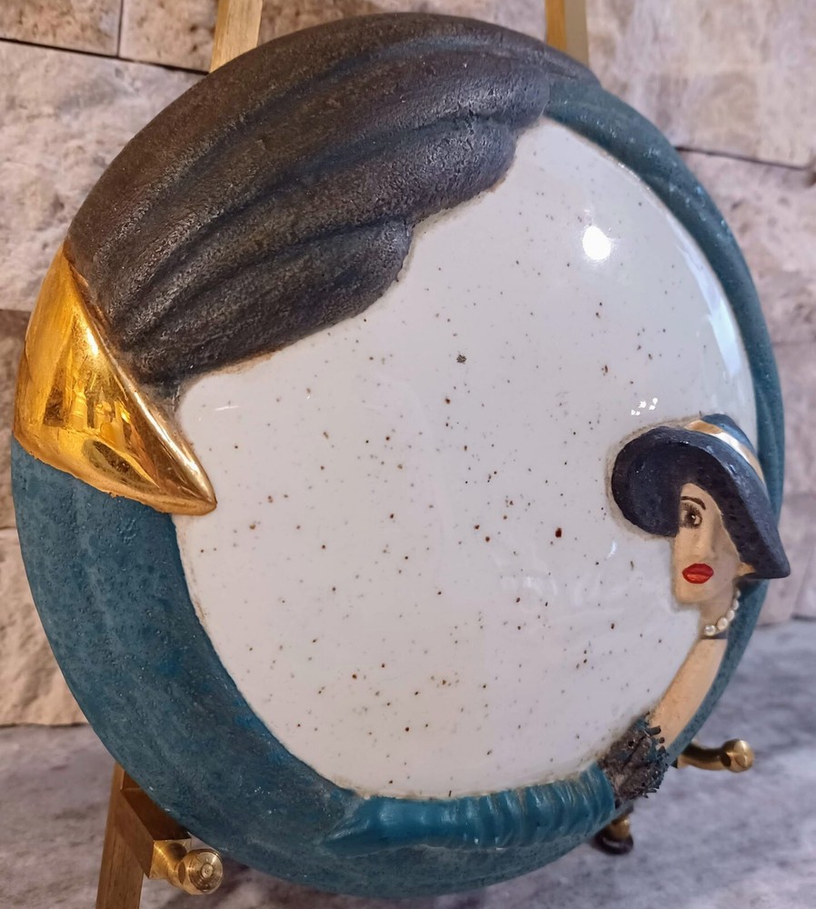 Hand Painted Ceramic Art Deco Round Trinket Box 1990