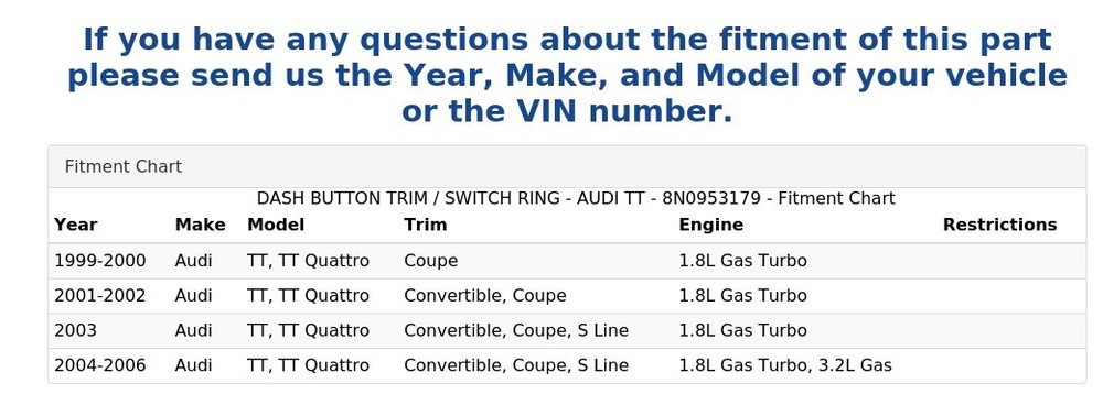 DASH BUTTON TRIM / SWITCH RING - AUDI TT - 8N0953179