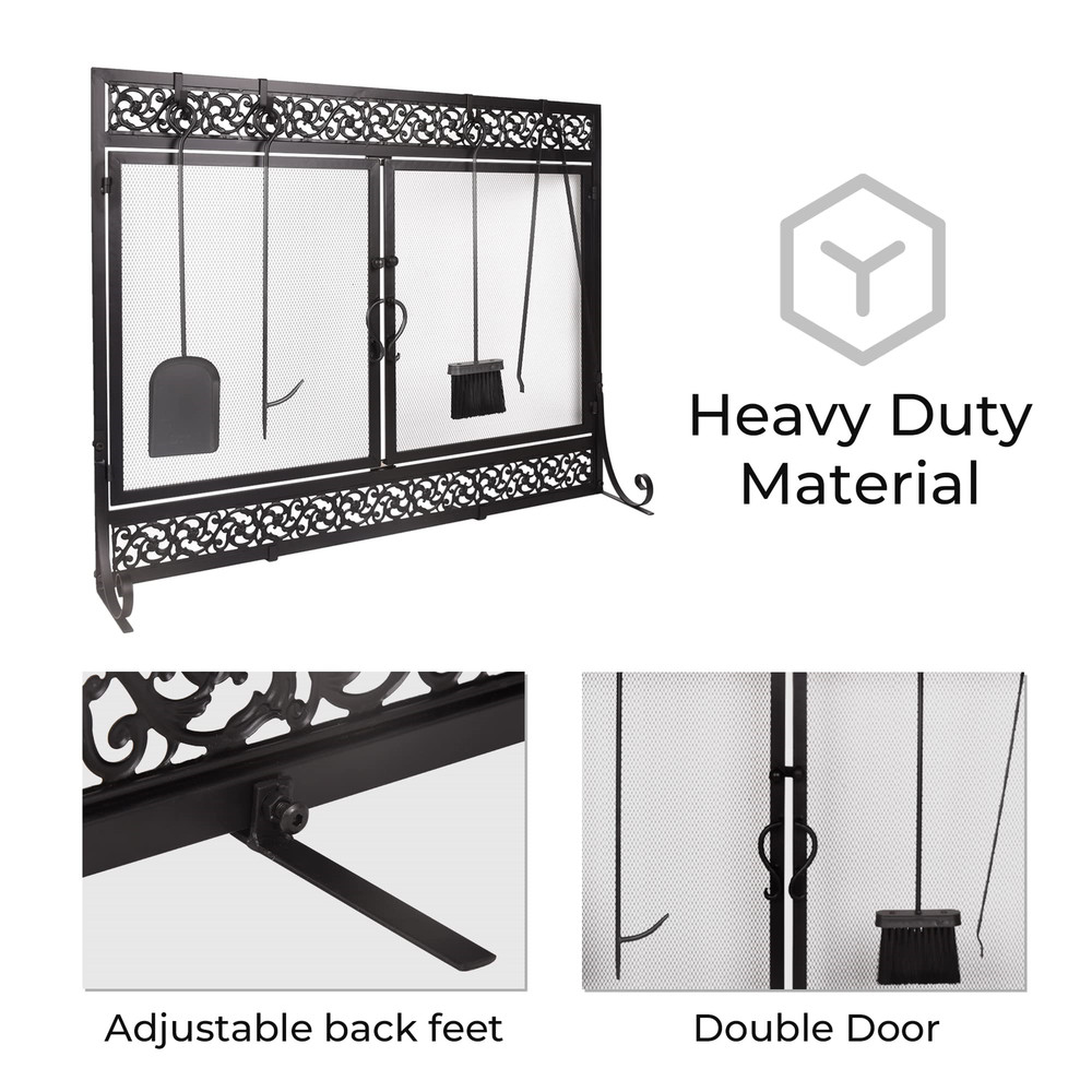39x31" Black Metal Fireplace Screen Scrollwork Two-Doors Large Flat Guard Screen