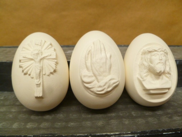 C-0488 Three Religious Jesus Embossed Easter Eggs 2.5" tall Ceramic Bisque