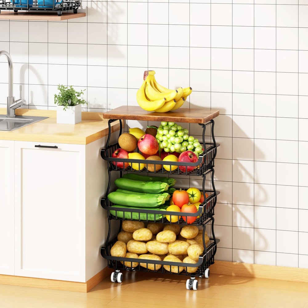 4 Tier Vegetable Fruit Basket for Kitchen, Stackable Metal Fruit and Vegetable S