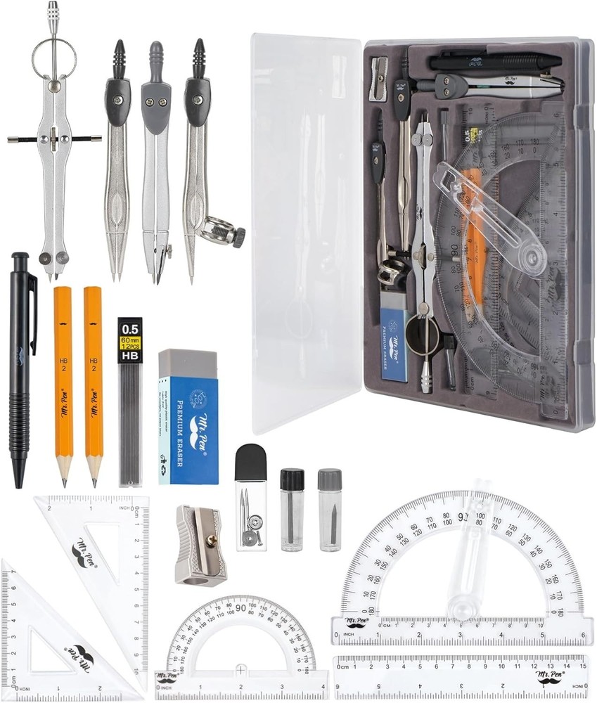 Classic Slate Geometry Set - 15 Essential Pieces Including Protractor & Divider