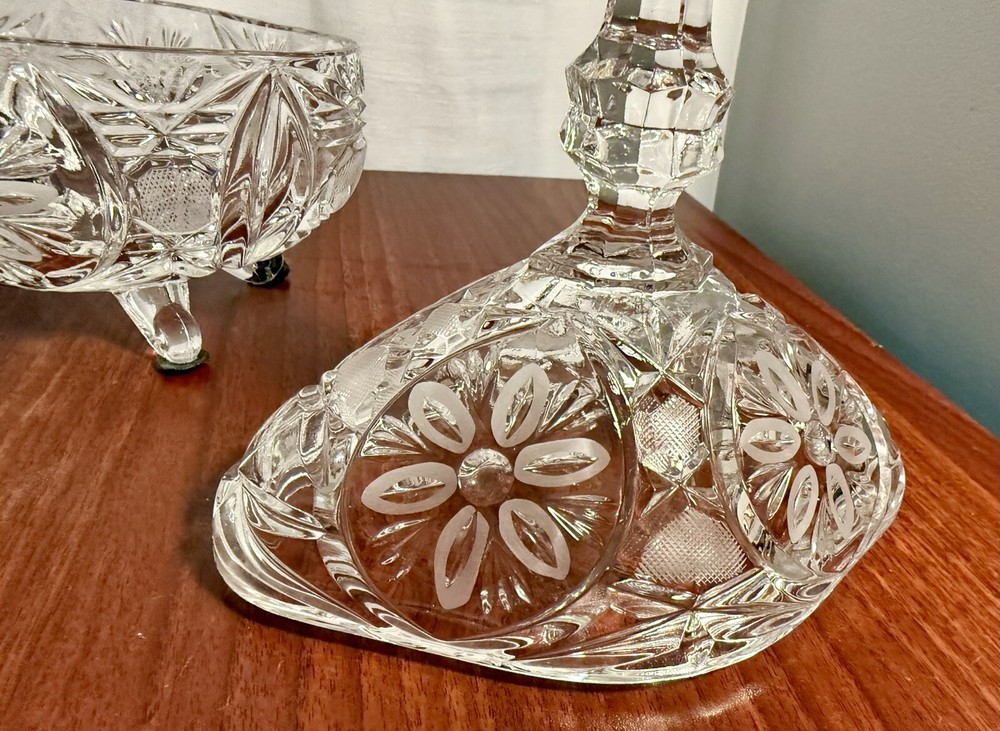 Large Heavy Etched Crystal Covered Oval Bowl/Dish