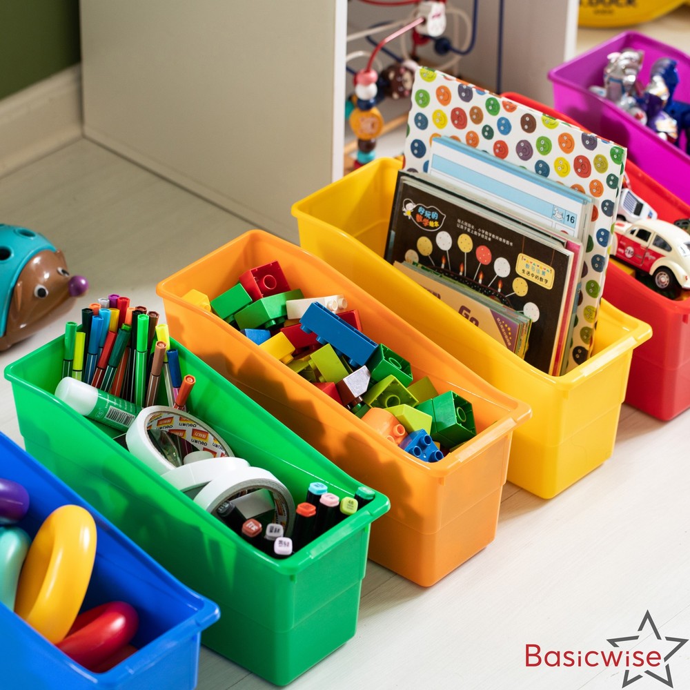 New Basicwise 6-pc Assorted Color Plastic Storage Bins Versatile Book Magazine
