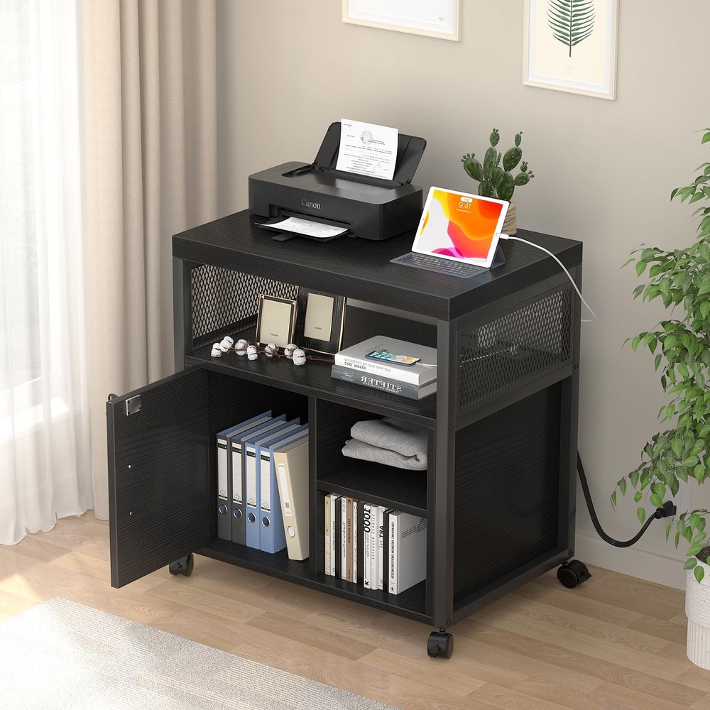 Locking Lateral File Cabinet with USB Charging, Rolling Printer Stand, Black