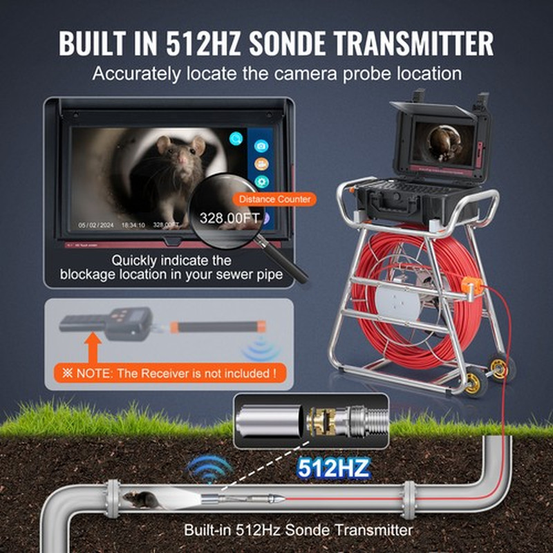 Sewer Camera 328 Ft/100M Self-Leveling Drain Camera with 10.1" Touchscreen