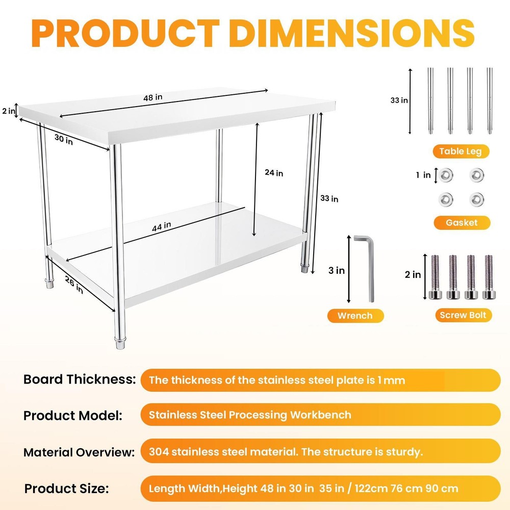 Stainless Steel Work Table 48"/72" Prep Worktable Workbench for Kitchen Garage