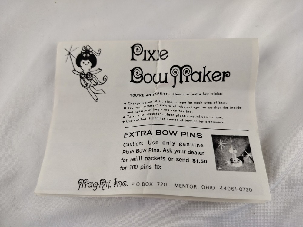 Vintage 1985 Pixie Bow Maker 22 Pins Instruction Book Model 2702