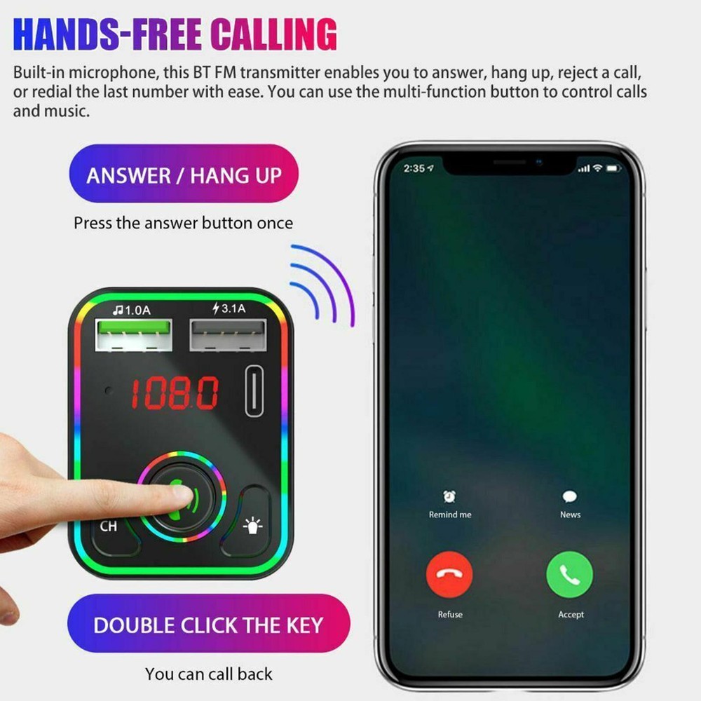 Fast Car Charger USB Cigarette Lighter Socket 2-Port Adapter Bluetooth FM MP3