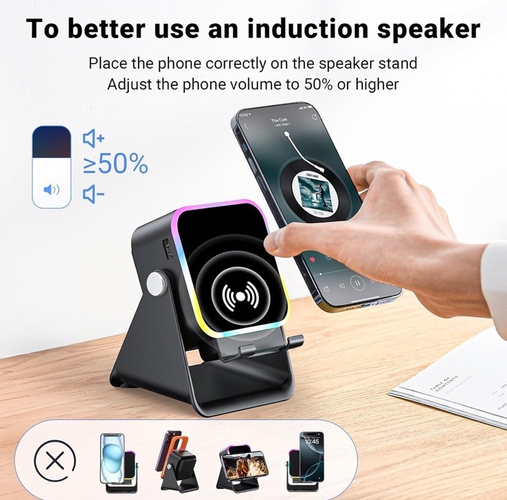 Wireless Induction Speaker 5-in-1 Bluetooth Speaker with Phone Black