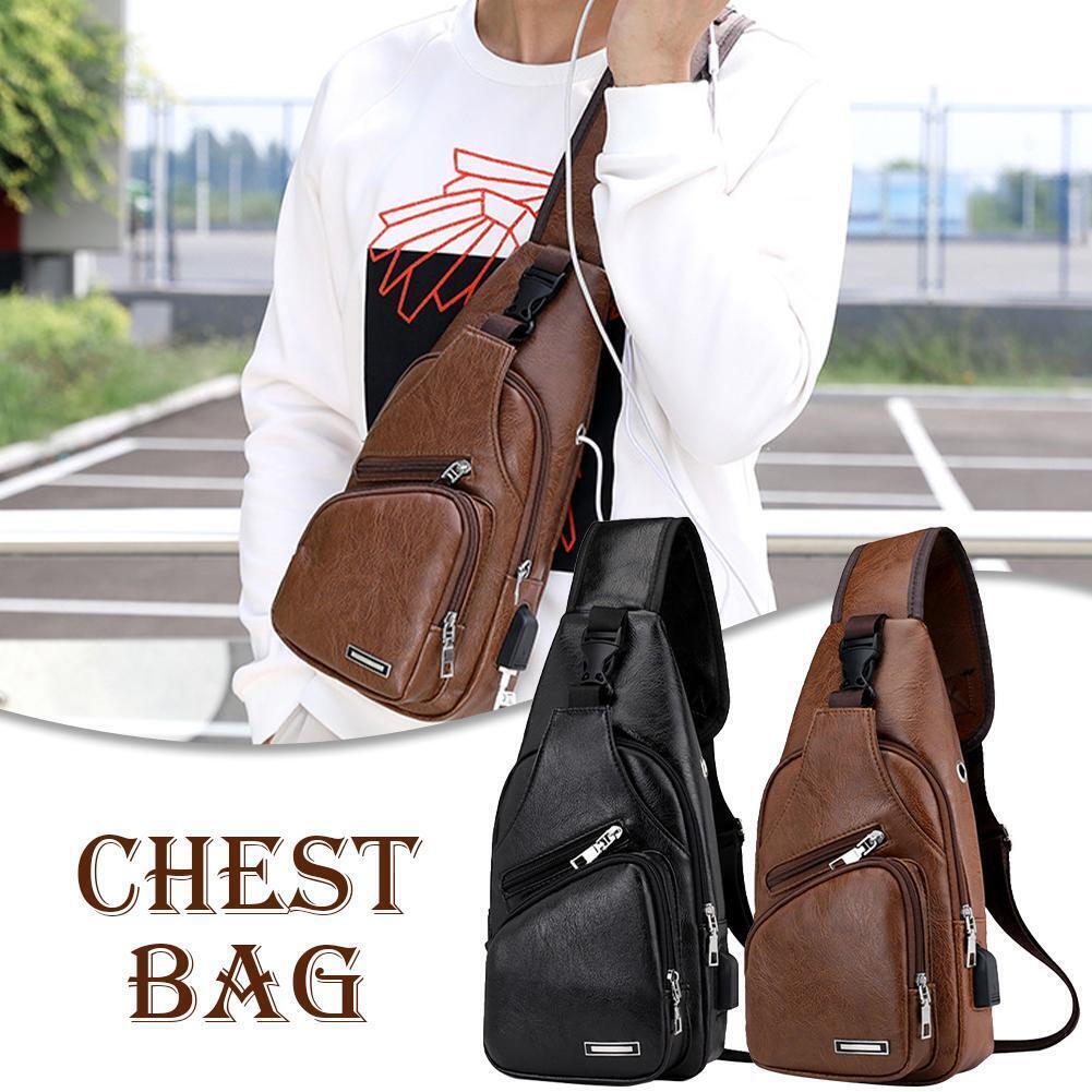 Mens Sling Backpack PU Leather Cross Body Chest Bag Fanny Packs USB Charging NEW
